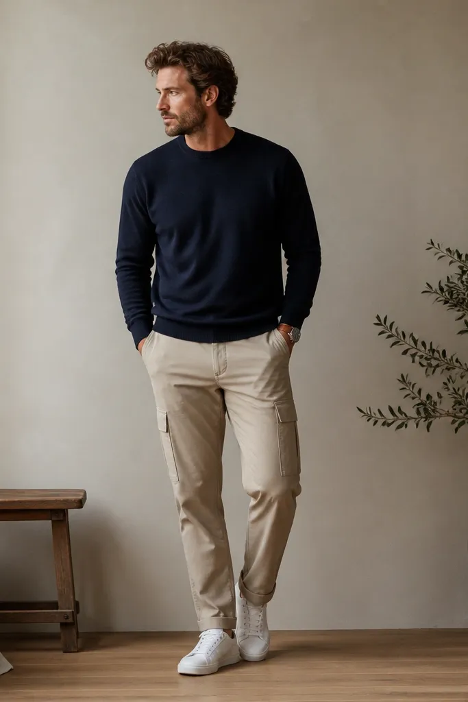 Man wearing light brown sand cargo pants with a navy crewneck sweater, white low-top sneakers, and a simple watch. The pants have a single cuff and the pockets sit flat.
