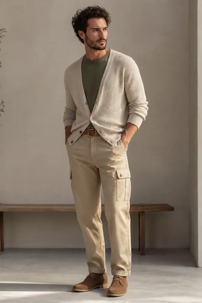Man in light tan cargo pants layered with a cream cardigan over an olive crew tee. He wears brown suede desert boots and a tan belt. The cardigan is buttoned low with sleeves slightly rolled.