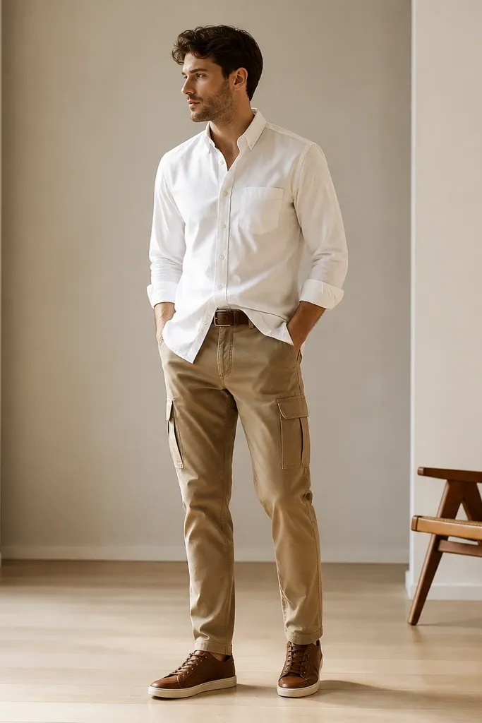 Man wearing white Oxford shirt untucked over light brown cargo pants, rolled-up sleeves, brown leather sneakers, and a dark brown belt. The shirt collar is crisp and the pants have a clean break.