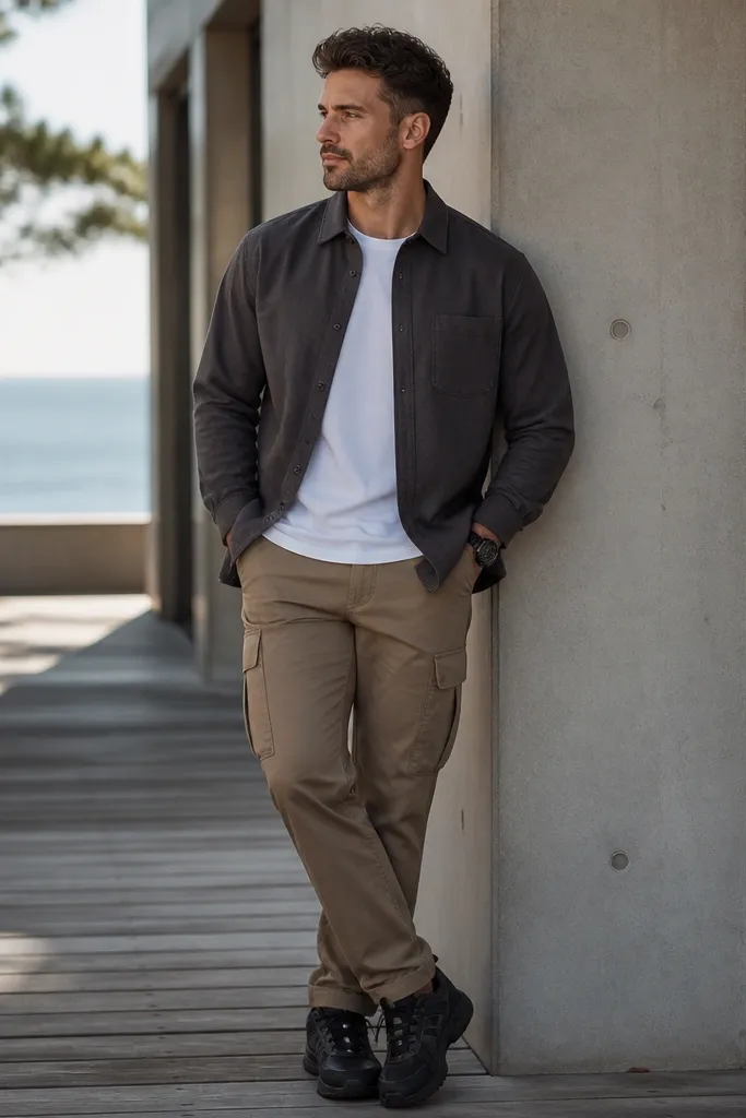 Man wearing a charcoal overshirt over a white tee, light brown cargo pants, and dark sneakers. A black watch sits on the wrist. The overshirt is slightly open at the front.