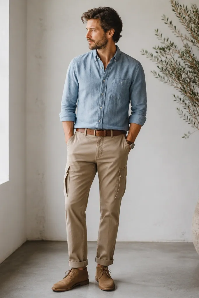 Man wearing a light blue chambray button-up with rolled sleeves over light brown cargo pants. He has tan suede chukka boots and a tan belt. The pant legs show a slight cuff.