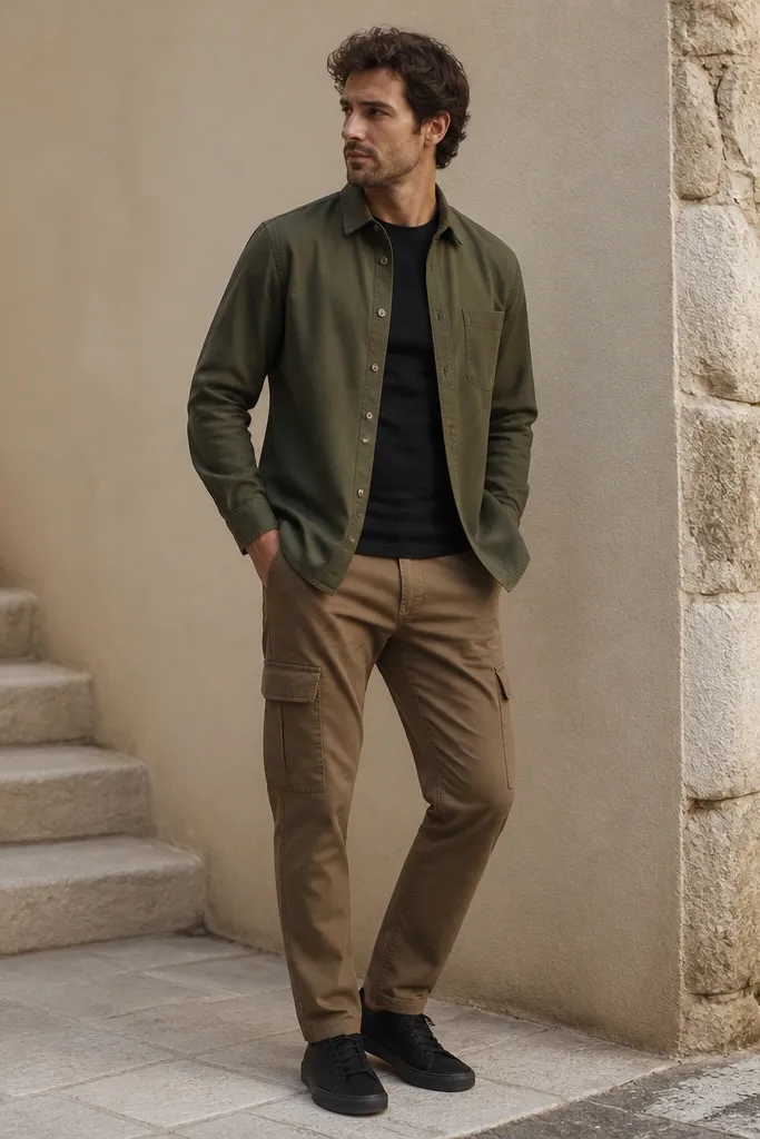 Man in a black fitted T-shirt under an olive overshirt, wearing light brown cargo pants and black low sneakers. The overshirt is buttoned halfway.