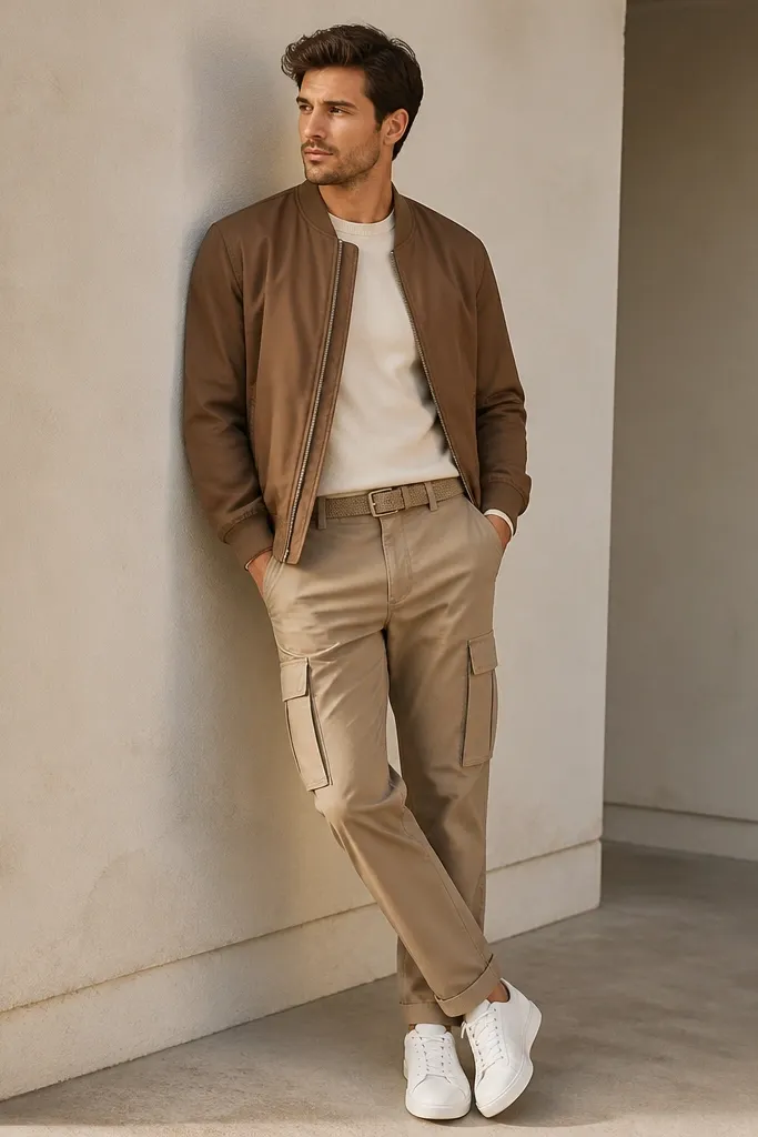Man wearing a medium-brown bomber jacket over a cream tee and light brown cargo pants. He wears white sneakers and a tan belt. The bomber has ribbed cuffs and a smooth finish.