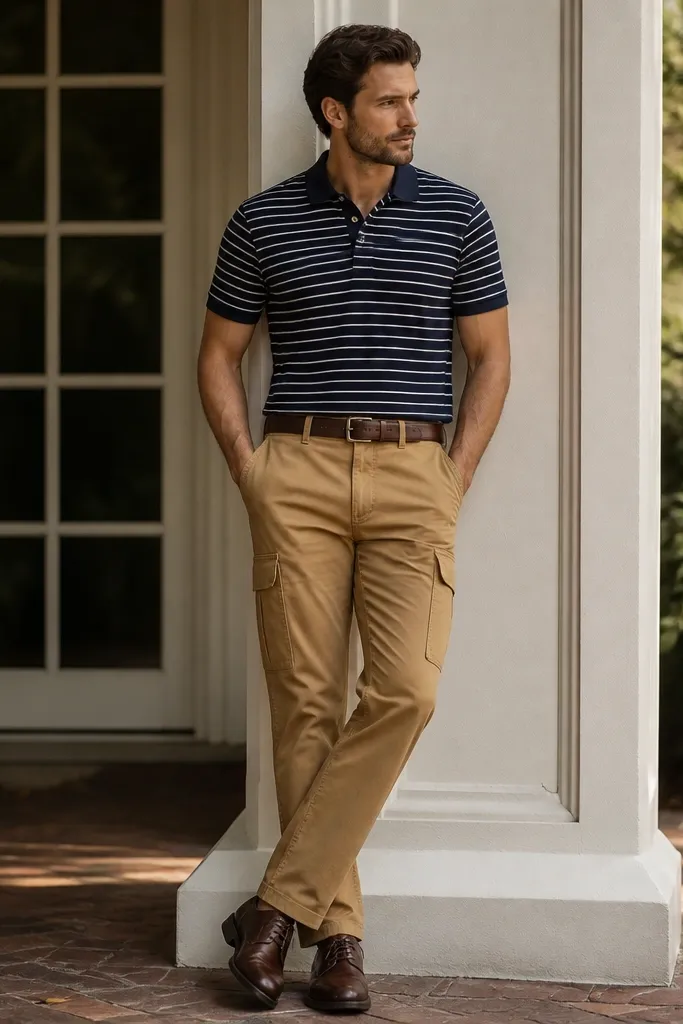 Man wearing a navy-and-white striped polo shirt with light brown cargo pants. He has brown leather derby shoes and a dark brown belt. The polo is tucked neatly at the front.