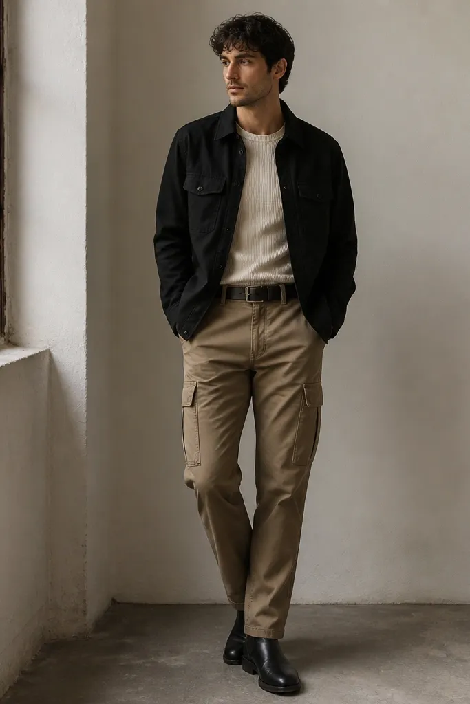 Man wearing a black chore jacket over a cream knit tee, paired with light brown cargo pants. He wears black leather boots and a dark belt. The jacket has chest pockets and a matte finish.