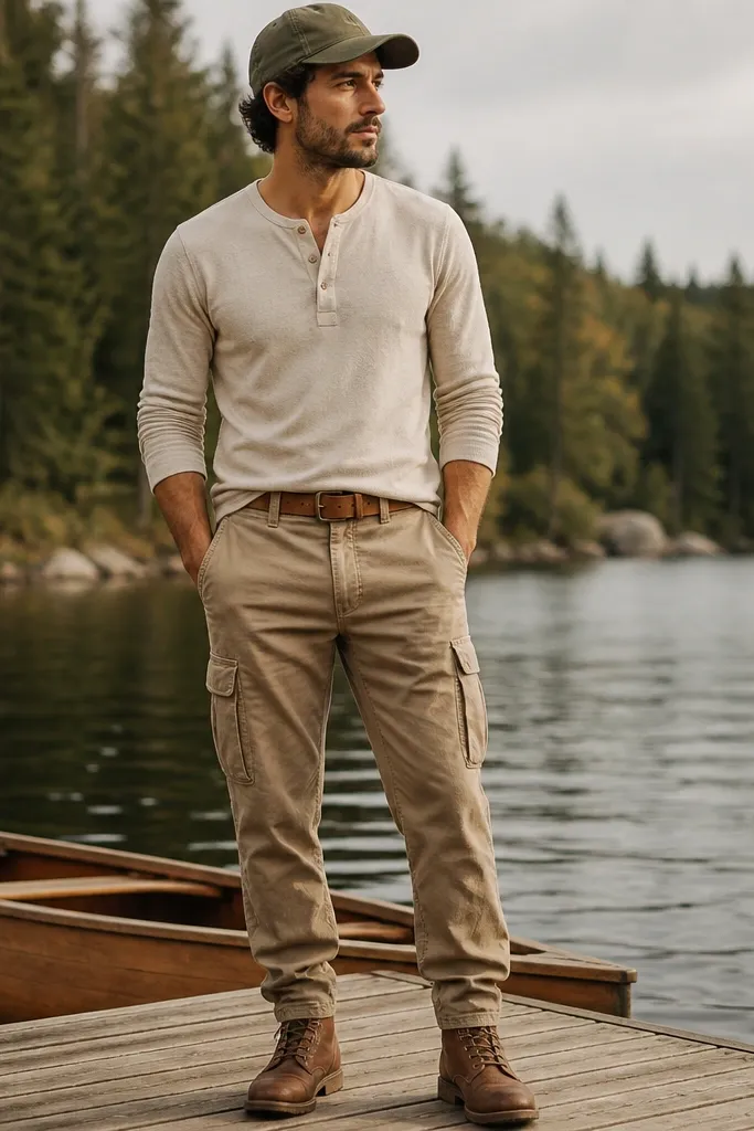 Man wearing an oatmeal henley shirt with three buttons, light brown cargo pants, and brown leather lace-up boots. He has an olive cap and a tan belt.