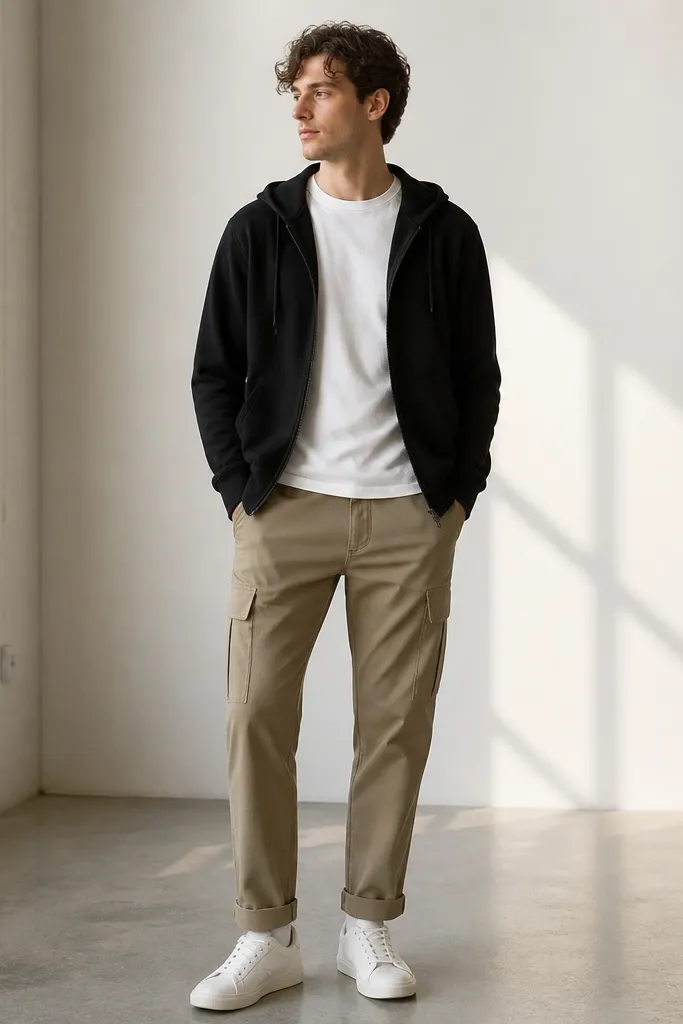 Man wearing a white crew tee under a black zip hoodie, light brown cargo pants, and white sneakers. The hoodie is unzipped and the pants show a clean cuff.