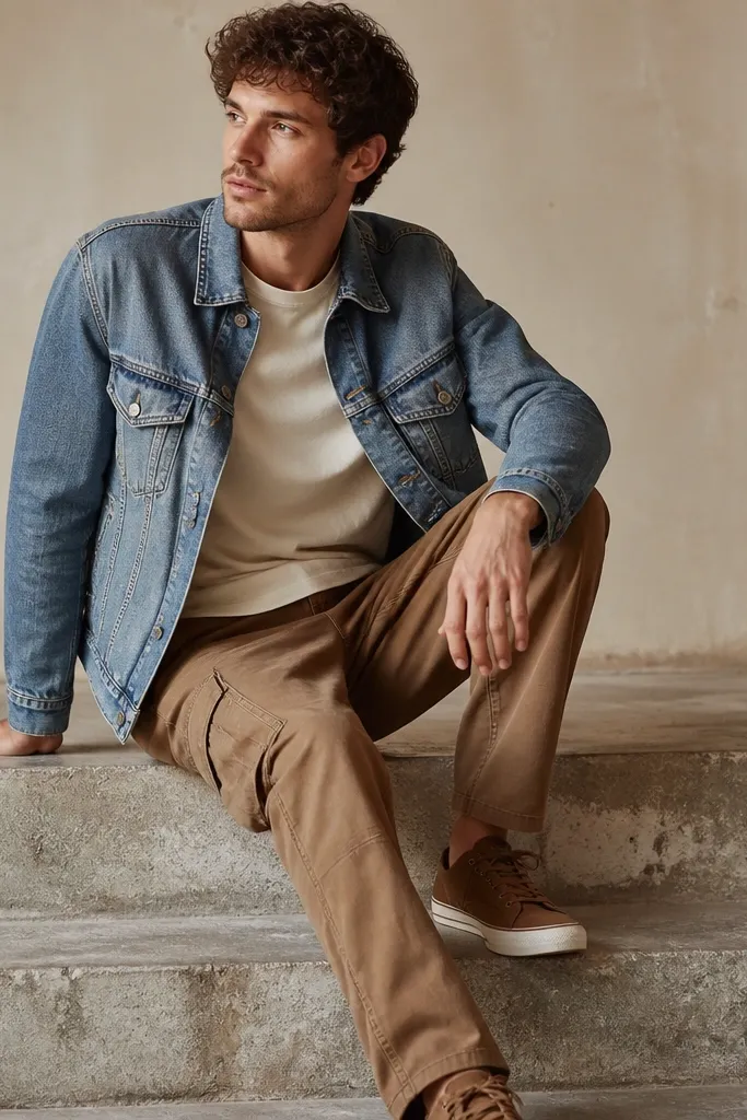 Man in a mid-blue denim jacket over a cream tee, wearing light brown cargo pants and brown canvas sneakers. The denim has a faded wash and metal buttons.