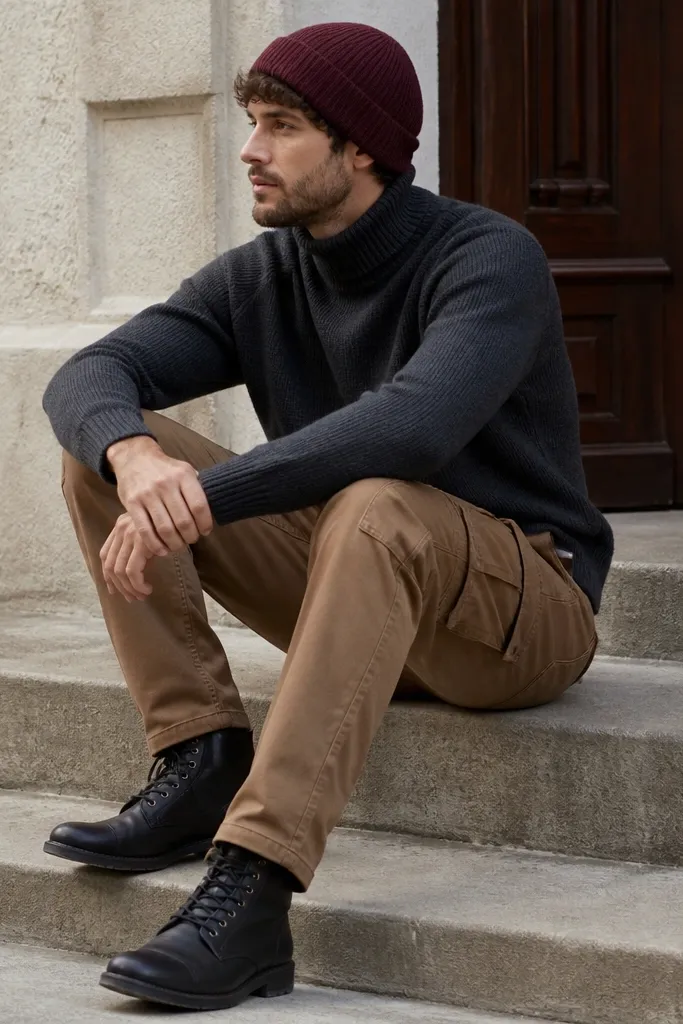 Man wearing a charcoal turtleneck sweater, light brown cargo pants, black leather boots, and a burgundy knit beanie. A dark belt is visible at the waist.