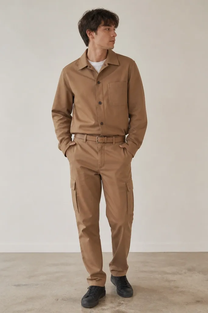 Man wearing a tan overshirt slightly darker than his light brown cargos, white tee underneath, black sneakers, and a tan belt. The overshirt is buttoned and hem hits at the waistband.