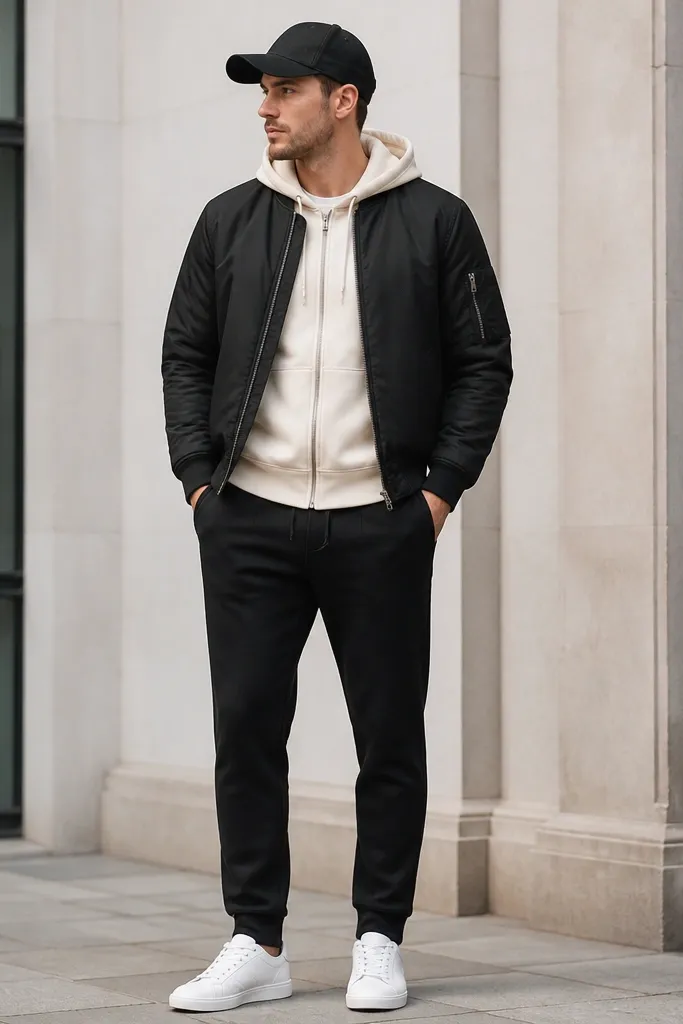A man wearing black tapered sweatpants with a cream zip hoodie and a matte black bomber jacket. Clean white leather sneakers. A simple black baseball cap. The waistband sits at the natural waist and the hem skims the top of the sneakers.