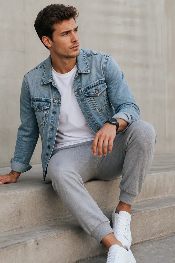 A casual streetwear outfit: heather gray sweatpants tapered at the ankle, a fitted white crewneck tee, and a light blue denim jacket with button closure. White low-top sneakers and a dark watch on the wrist. The jacket hem hits around the upper hip.