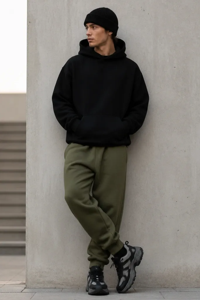 Olive green sweatpants with a tapered leg, paired with a black pullover hoodie. The sneakers are chunky in black and gray with thick soles. The outerwear is minimal - just the hoodie and pants. A beanie sits low over the forehead.