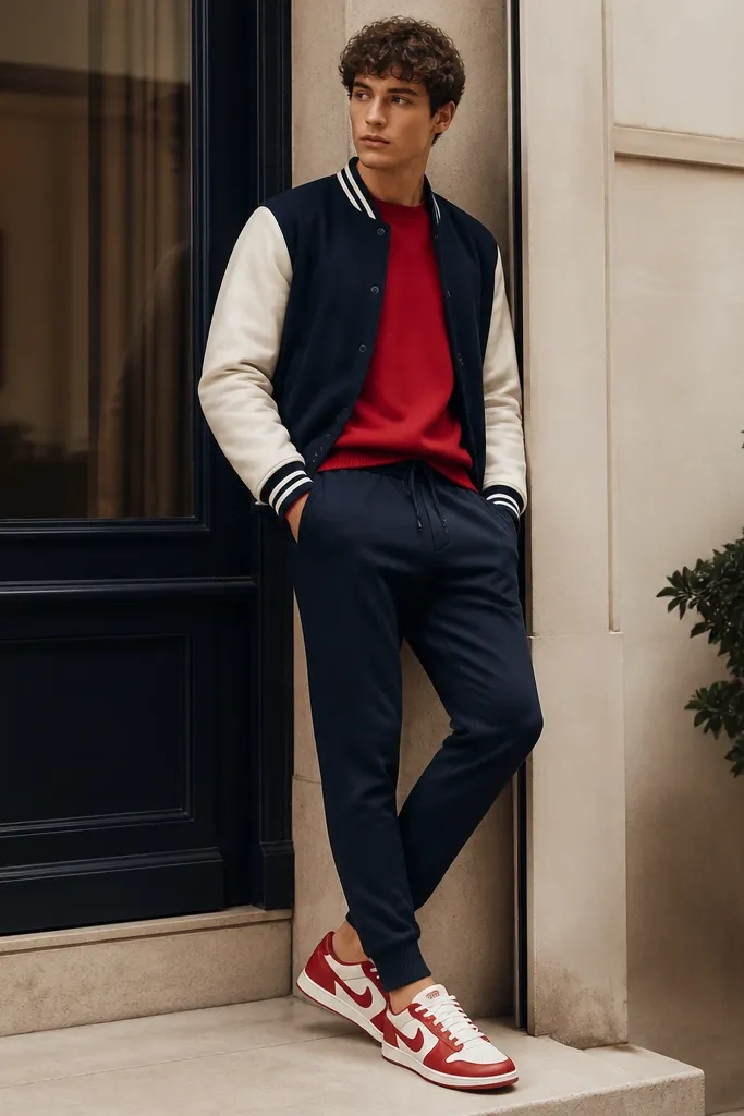 Navy tapered sweatpants with a red crewneck sweater. A varsity jacket with white sleeves and dark body sits over the top. Red-and-white sneakers match the crewneck color. The hemline sits above the sneaker collar.