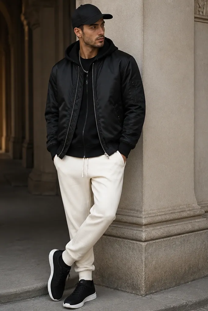 Cream sweatpants tapered at the ankle, a black zip hoodie underneath, and a bomber jacket with a subtle satin sheen in black. Black sneakers with white soles. A chain necklace and a dark cap.