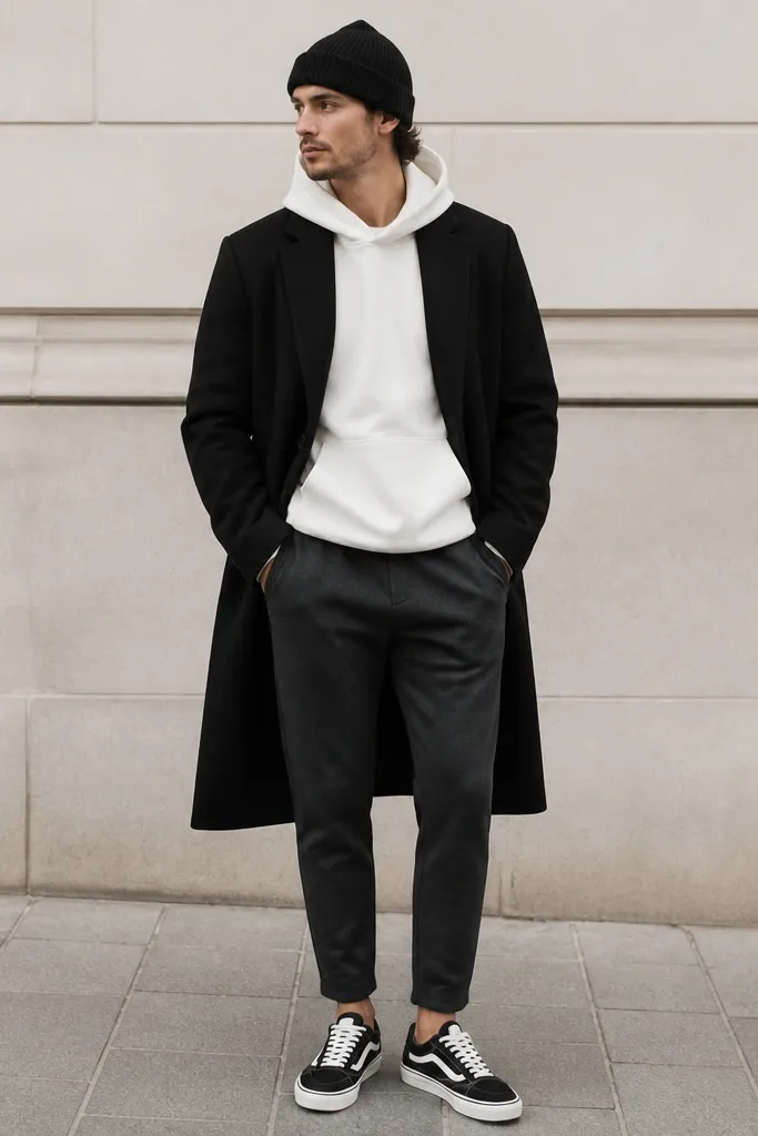 Charcoal sweatpants tapered and slightly cropped. A white hoodie sits underneath. Over it, a long black coat with a straight cut hits below the knee. Black-and-white sneakers and a black beanie.