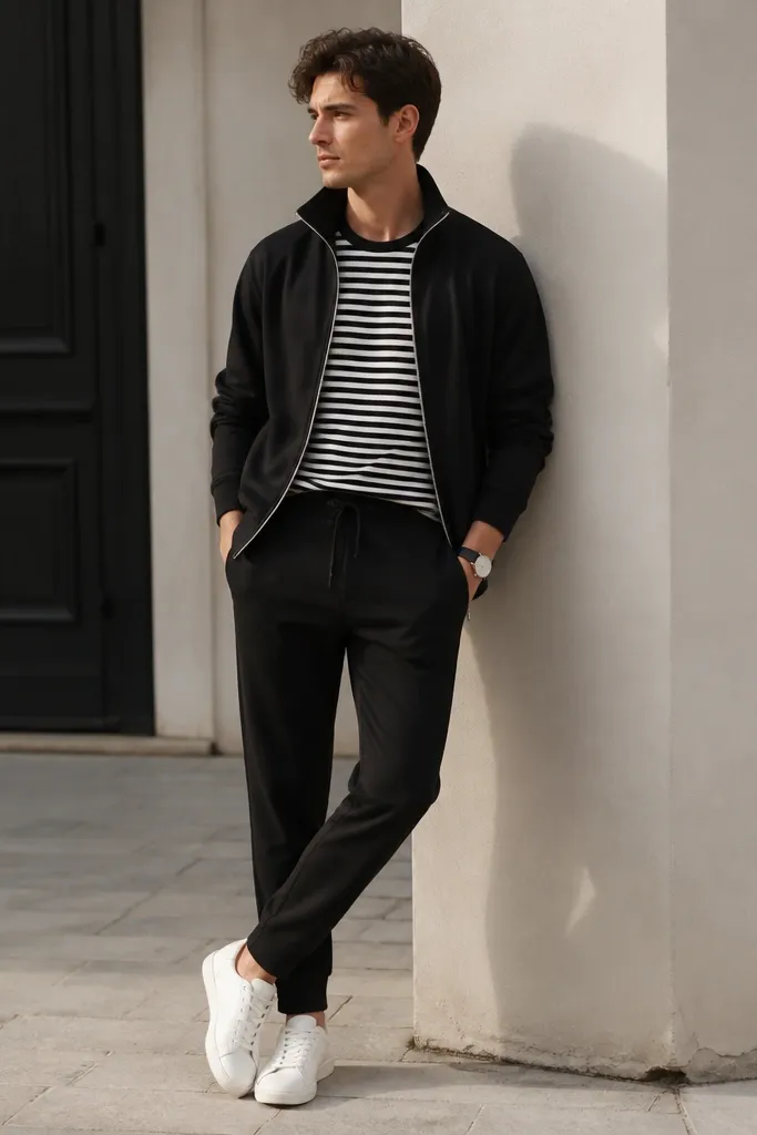 Black sweatpants with a tapered leg and slight cuff. A black-and-white striped tee is tucked lightly at the waist. A track jacket with a sporty collar sits on top. White sneakers and a simple watch.