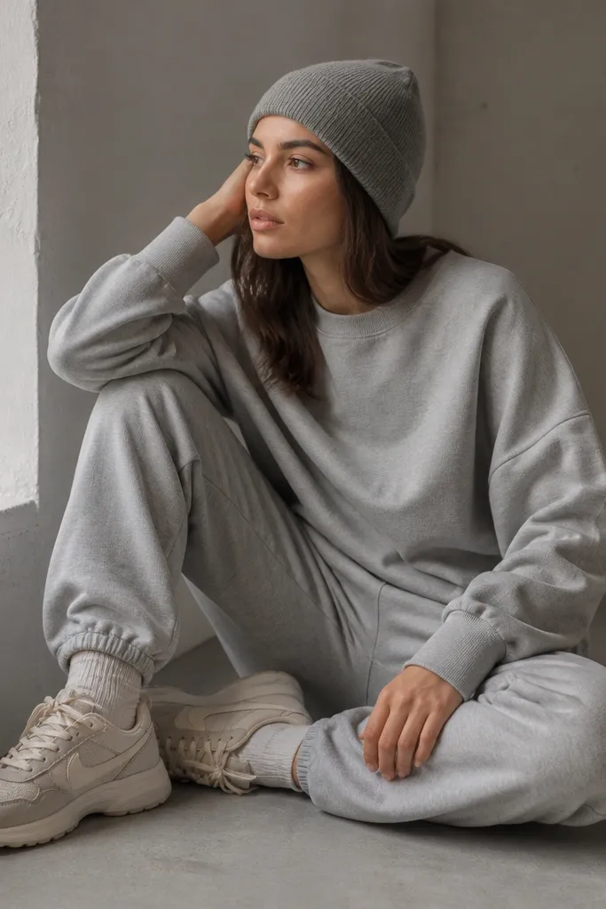 An all-gray look: gray sweatpants and a gray crewneck sweatshirt matched by shade. A soft gray beanie. Sneakers are beige and off-white with minimal branding. The outfit looks coordinated with no strong contrast.
