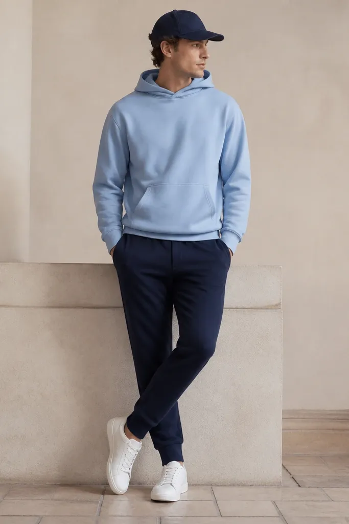 Navy sweatpants tapered at the ankle with a light blue hoodie over top. White sneakers with minimal design. A navy cap. The hoodie hem sits just at the waistband.