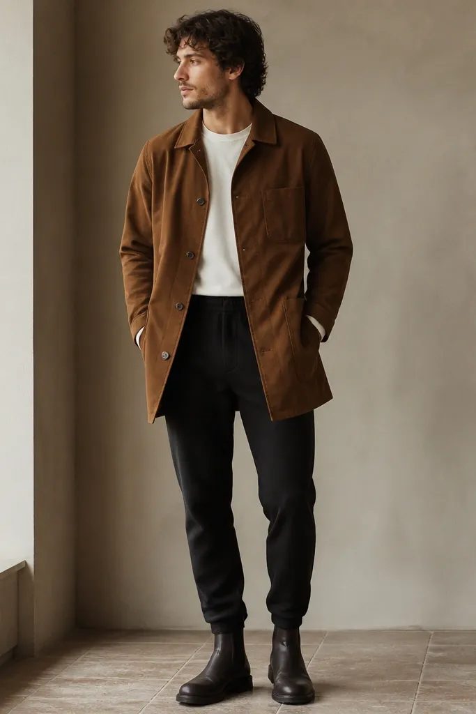 Black sweatpants tapered and cuffed lightly. A white long-sleeve tee tucked at the waist. A brown chore coat over top with button closure. Boots are dark leather and the coat hem hits mid-thigh.