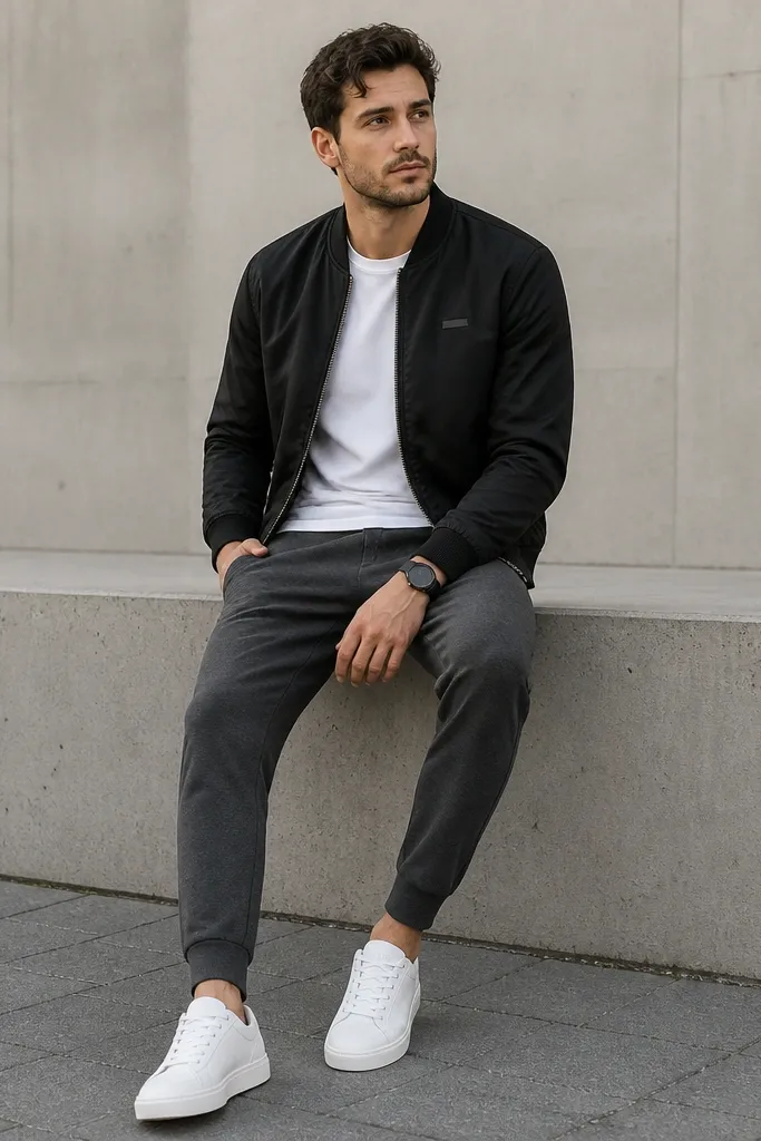 Charcoal sweatpants tapered at the ankle. A black bomber jacket zipped halfway. Under it, a plain white crewneck tee. White sneakers and a black watch. No visible logos besides a small chest tag on the bomber.