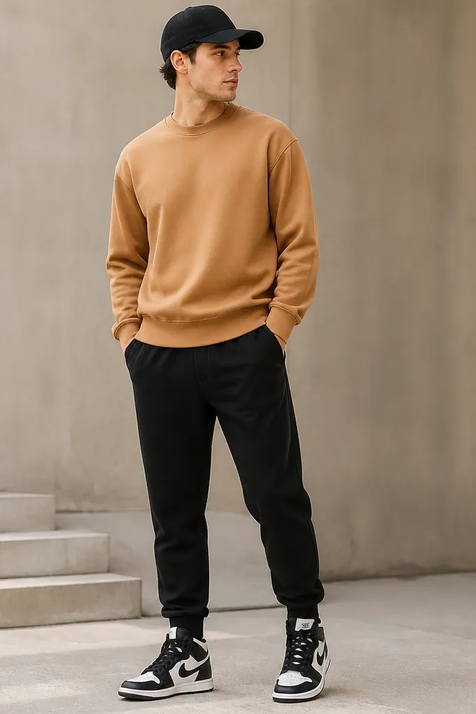 Black sweatpants tapered with ankle cuff. A camel-colored crewneck sweatshirt. Black-and-white high-top sneakers. A black cap. The camel top contrasts warmly against the black pants.