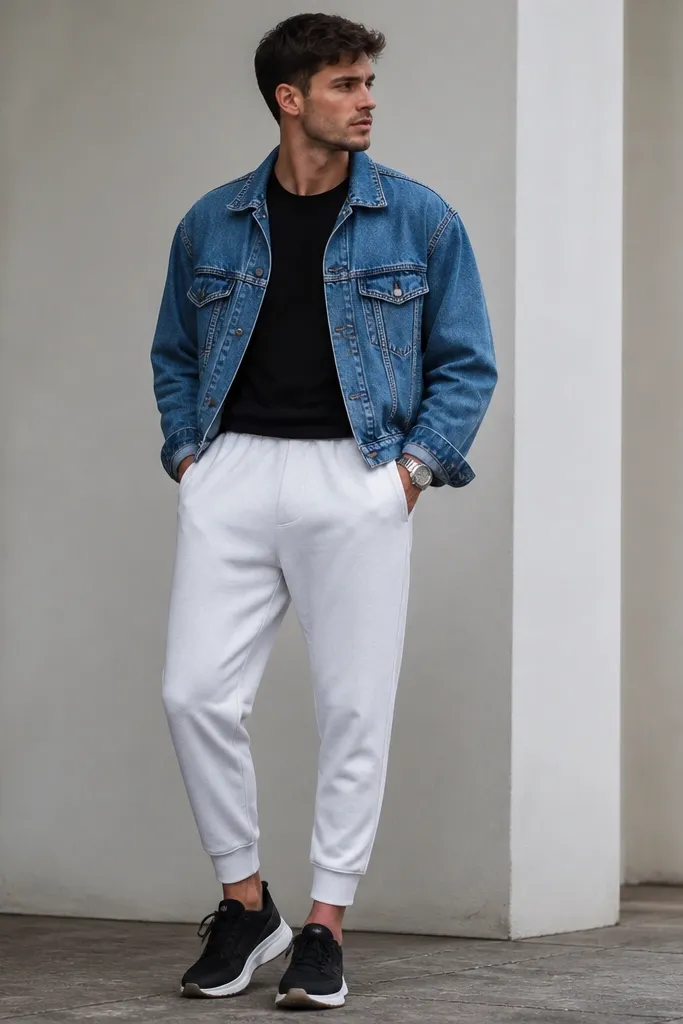 White sweatpants tapered and slightly cropped. A black crewneck tee tucked slightly. A medium blue denim jacket with a relaxed fit. Black sneakers with white midsoles and a silver watch.