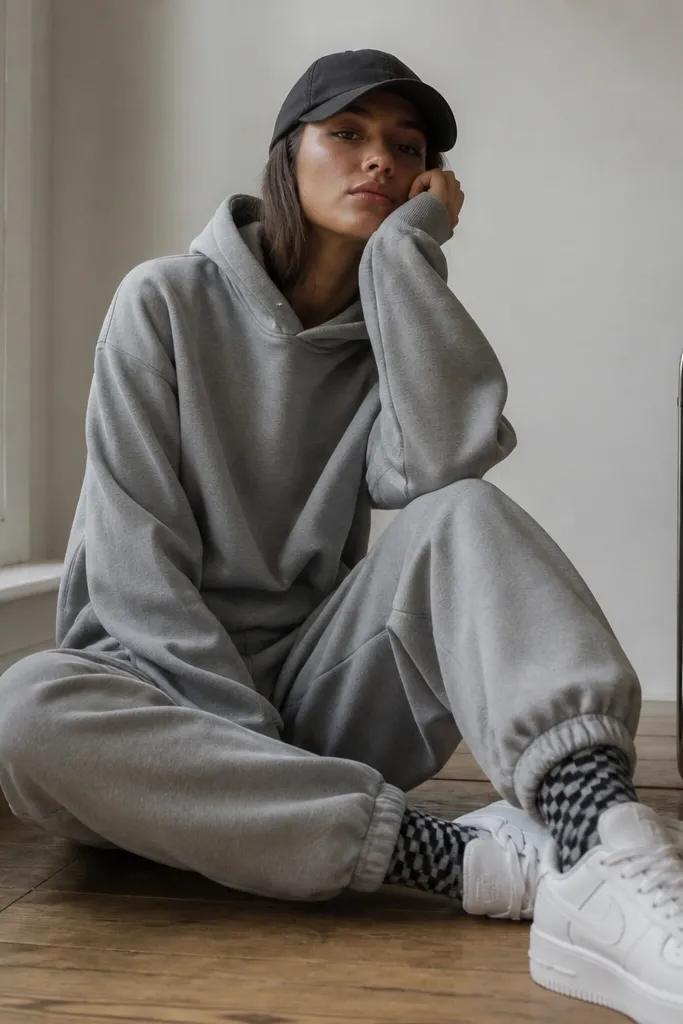 Matching set vibe: sweatpants and hoodie in matching gray tones. A simple black cap. Sneakers are white. The socks are the only pattern - a small checker or stripe pattern in black and gray peeking above the shoe line.