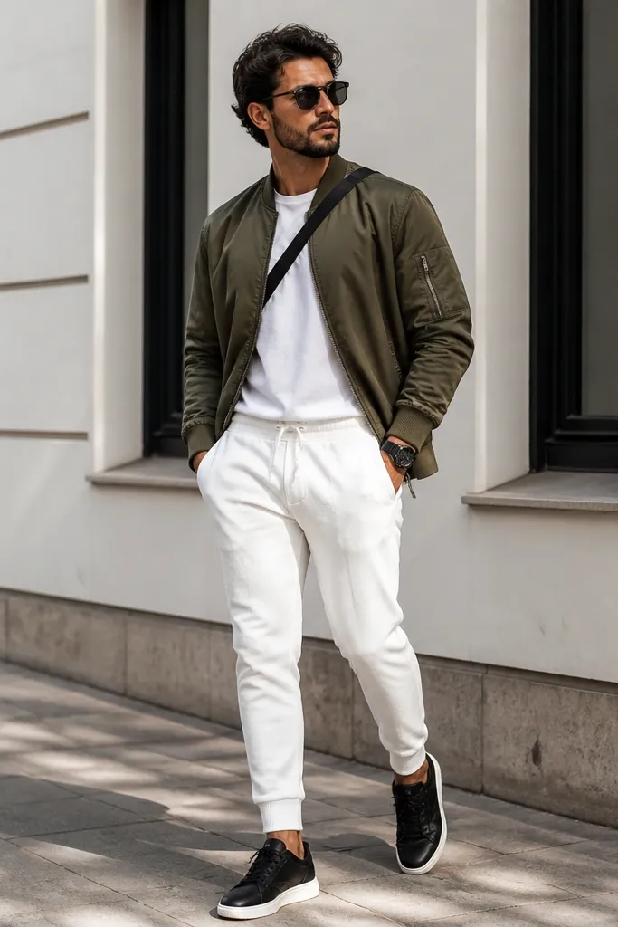 White track pants paired with a plain white crew-neck tee and an olive bomber jacket. Black low-top sneakers, black watch, and a cross-body strap. Outdoor street shot with soft shadows.