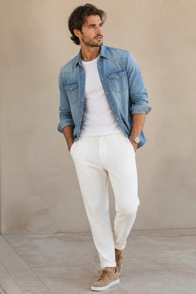 White track pants with a fitted white tee underneath an open light blue denim button-up. Tan suede sneakers and a wristwatch. The denim shirt sleeves are casually rolled.