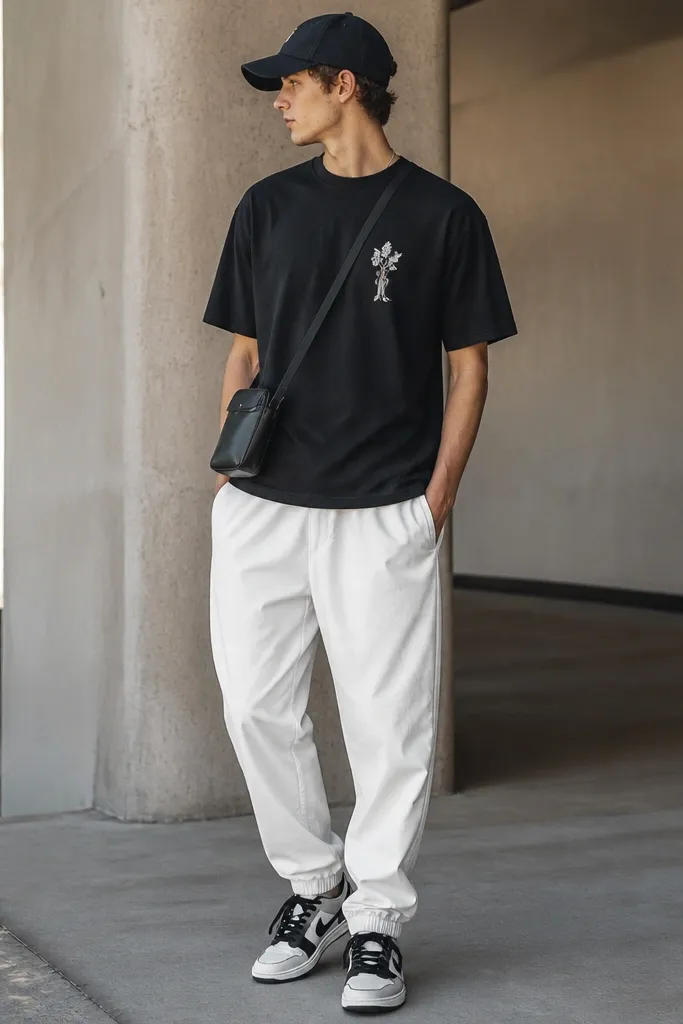 White track pants with a black short-sleeve tee featuring a small chest graphic. White-on-black sneakers, black baseball cap, and minimal cross-body bag.