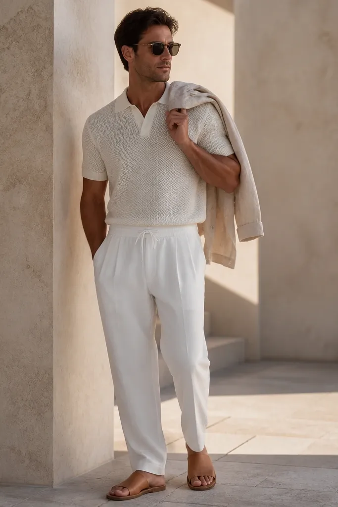White track pants paired with a cream knit polo with short sleeves. Tan leather slides, a light linen shirt draped over one shoulder, and sunglasses.