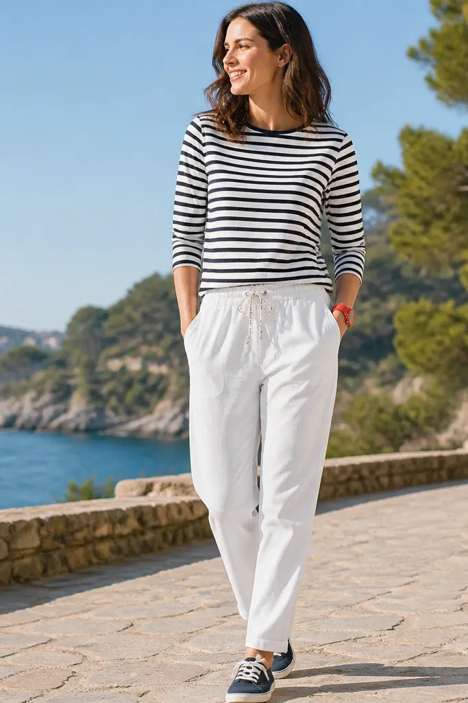 White track pants with a black-and-white striped Breton tee. Navy canvas sneakers and a simple red watch. Bright outdoor background.