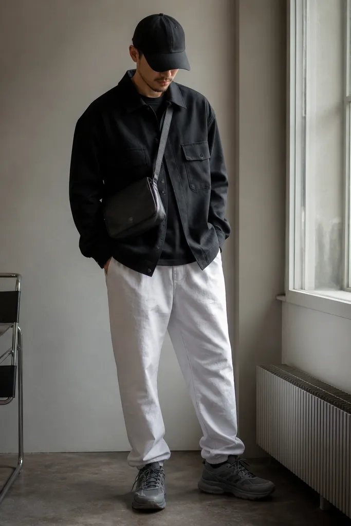 White track pants with a black workwear overshirt. Chunky sneakers in dark gray, black cap, and a cross-body bag. Indoor lighting near a window.