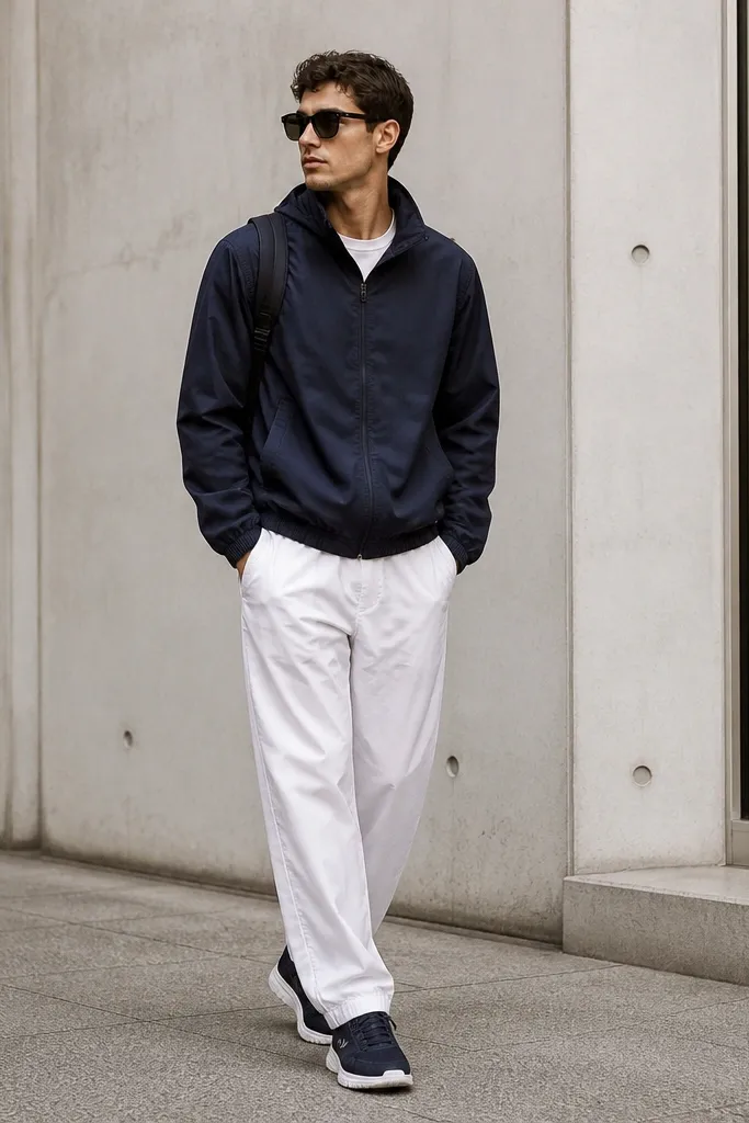 White track pants paired with a navy windbreaker jacket. Sneakers are navy with white soles. A small backpack and sunglasses complete the look.