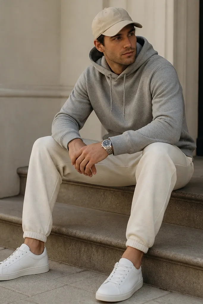 Off-white track pants with a heather grey hoodie. Clean white leather sneakers, silver watch, and a neutral cap.
