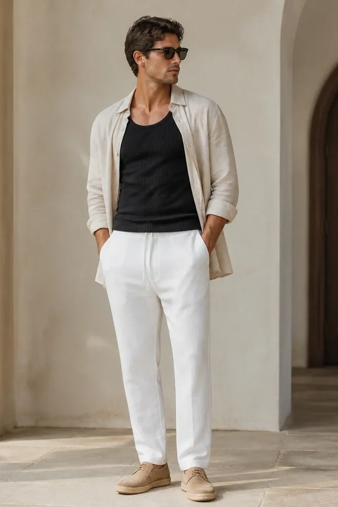 White track pants with a black ribbed tank top and an open light linen shirt over it. Tan espadrille-style sneakers and sunglasses.