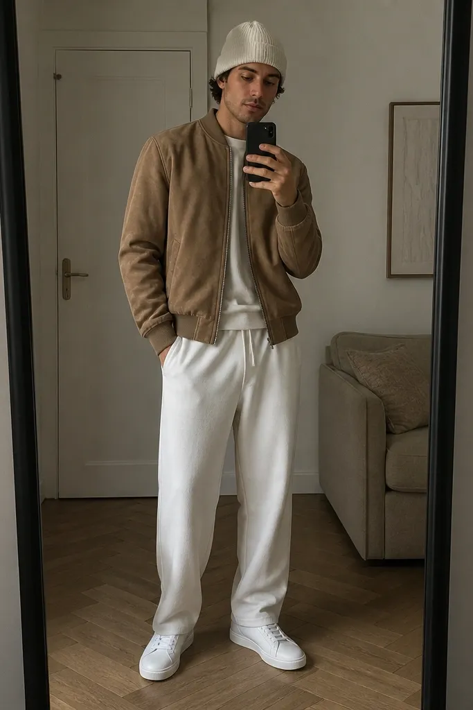 White track pants with a tan suede bomber jacket. White low-profile sneakers and a light knit beanie. Indoor mirror shot near a doorway.