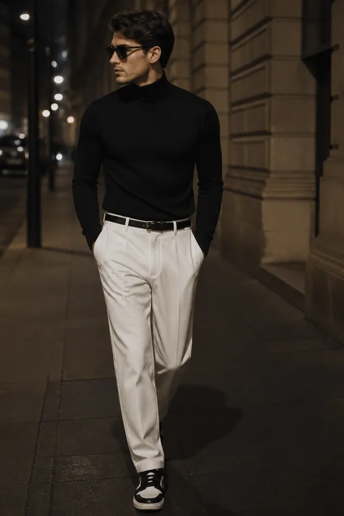 White track pants paired with a fitted black turtleneck. Black-and-white trainers, black sunglasses, and a thin leather belt. Evening street photo.