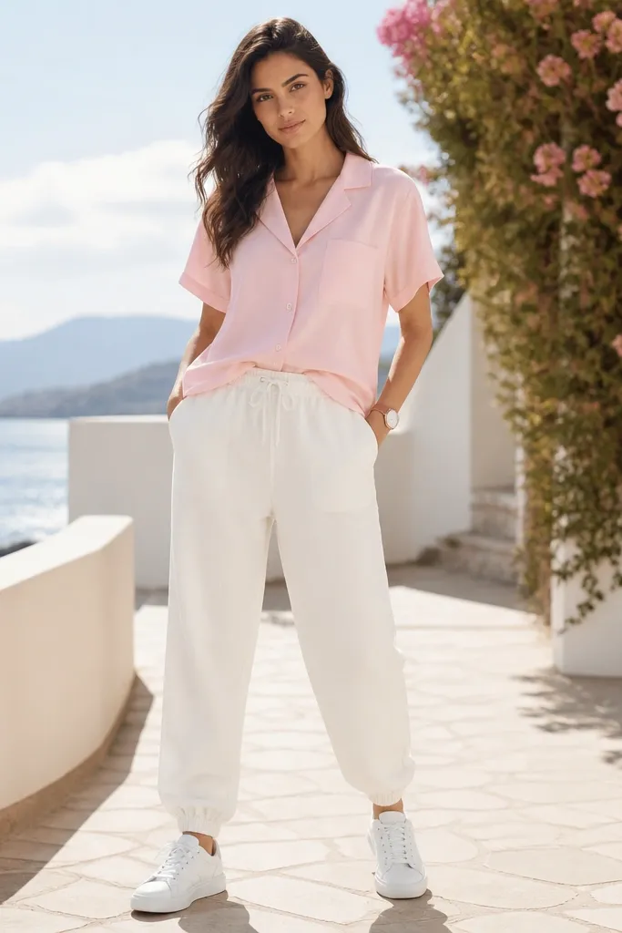 White track pants with a pastel pink short-sleeve button-up. White sneakers and a watch with a pink leather strap. Bright outdoor background.