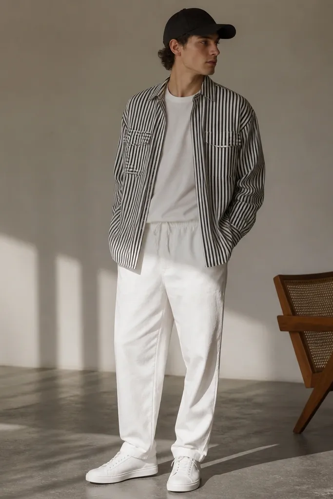White track pants with a black-and-white striped overshirt worn open. White sneakers and a black cap. The overshirt has two chest pockets.