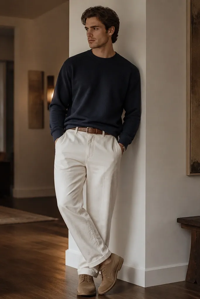 White track pants with a navy crewneck sweatshirt. Tan desert boots and a brown leather belt. Indoor evening lighting, neutral walls.