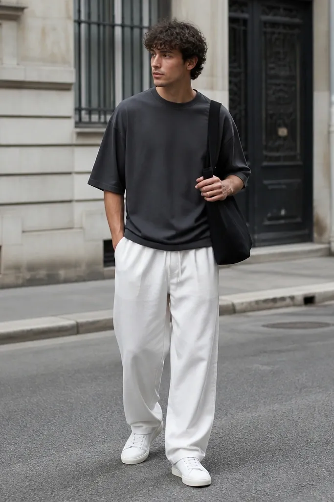 White track pants with an oversized charcoal tee worn untucked but not long. Clean white sneakers and a black tote bag. Daytime city shot.
