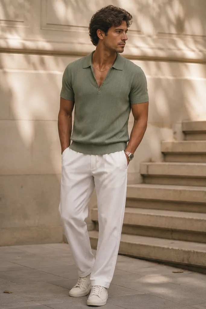 White track pants with a sage green knit polo, buttons down halfway. Off-white sneakers, light gold chain, and a simple watch.
