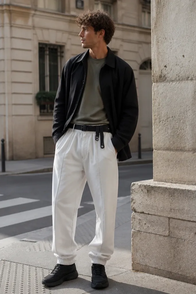 White track pants with an olive t-shirt under a black overshirt. Black sneakers and a utility belt. The photo shows a street corner in daylight.