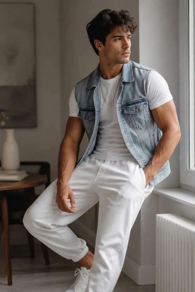 White track pants with a light blue denim vest layered over a fitted white tee. White sneakers and a silver chain. Indoor shot near a window.