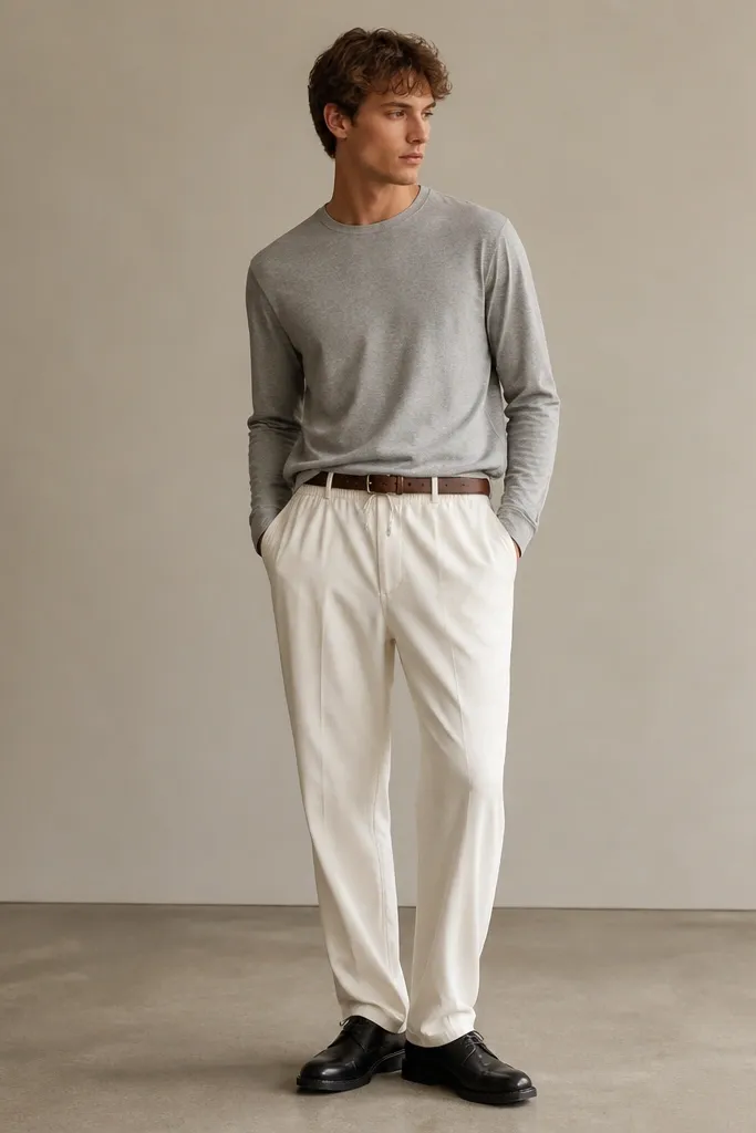 White track pants with a light grey long-sleeve tee. Black derby-style shoes, a brown leather belt, and a relaxed jacket off-frame. Neutral background.
