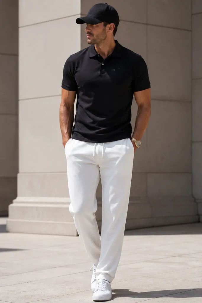 White track pants paired with a black short-sleeve polo. White sneakers, gold watch on the wrist, and a black baseball cap. Bright daylight.