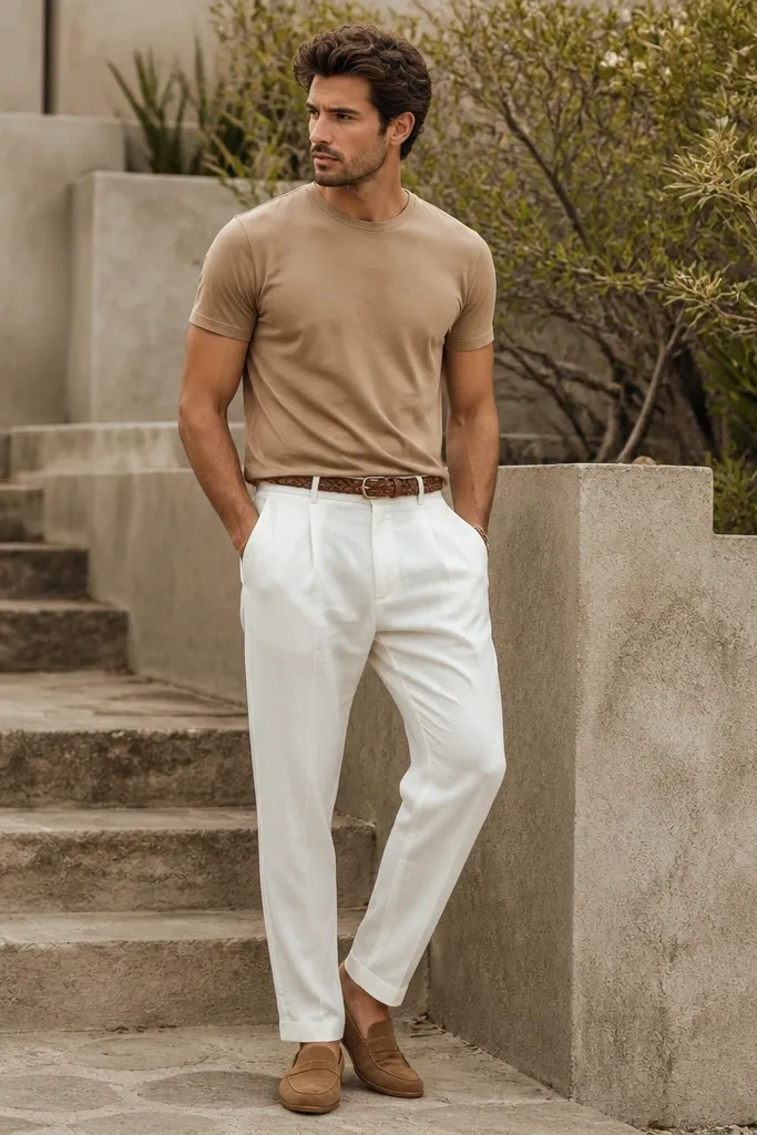 White track pants with a tan t-shirt and a braided leather belt. Loafers in light brown and a minimal bracelet. Outdoor setting near stairs.