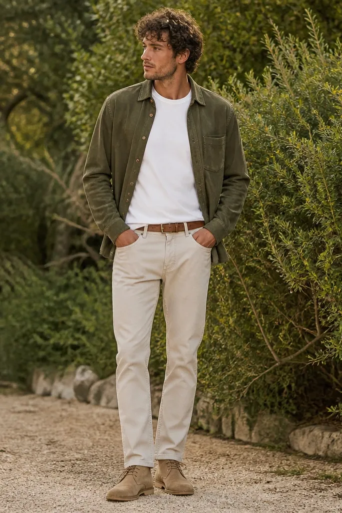 A full-body outfit showing light beige pants, a plain white crew-neck tee, an olive green suede or brushed cotton overshirt worn open, and tan suede chukka boots. The belt is tan and the background is outdoors near greenery.